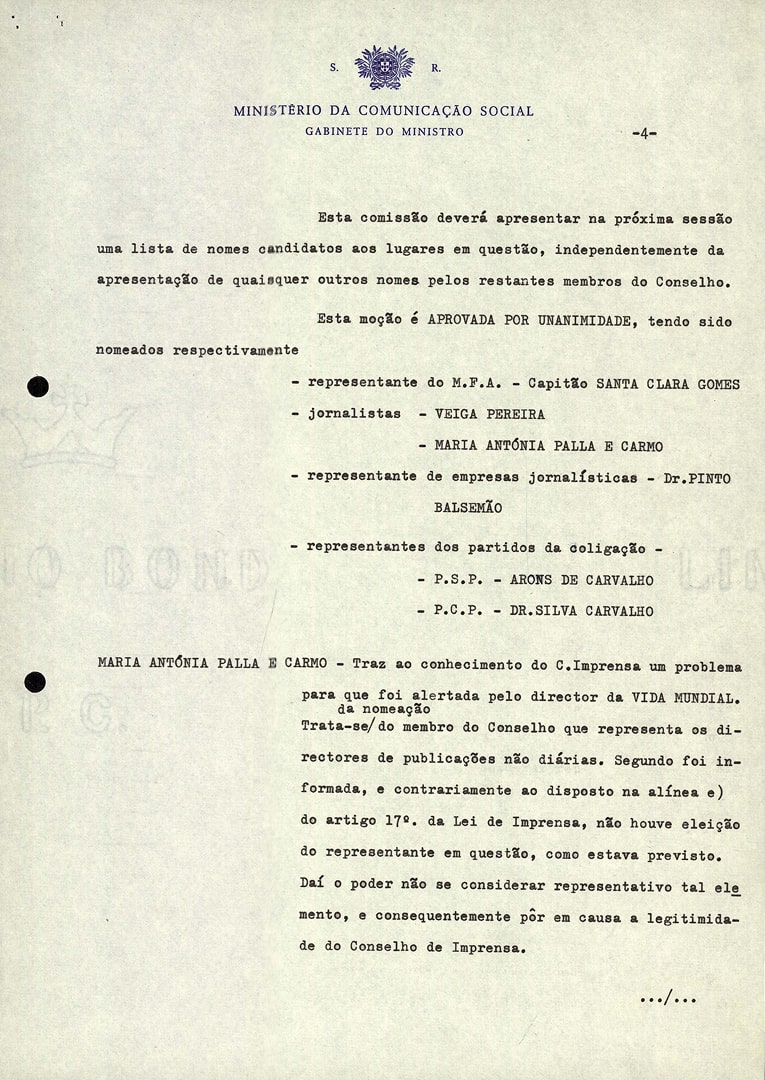 Acta da primeira reunião do Conselho de Imprensa, 7 de maio de 1975. Fonte: ANTT, CIM