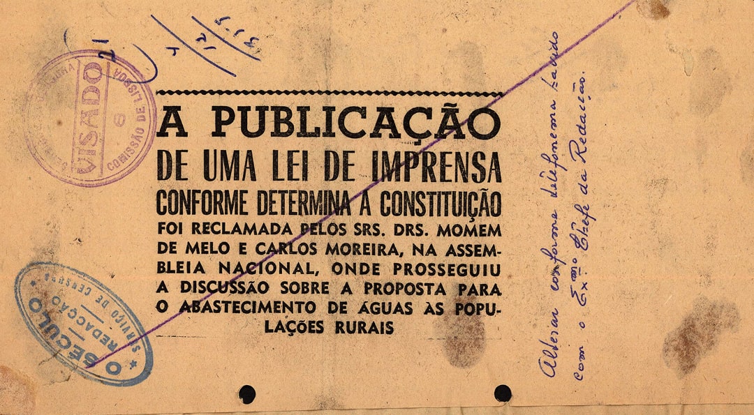 Cortes da censura do jornal O Século, 4 de dezembro de 1959. A notícia diz respeito a uma intervenção de deputados na Assembleia Nacional, reclamando uma lei da imprensa. Fonte: ANTT, EPJS 