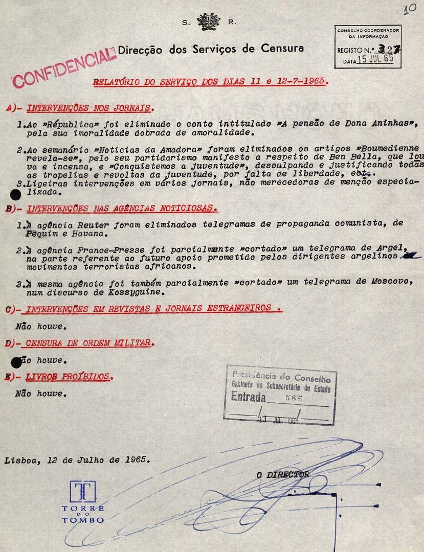 Relatório do Serviço de Censura  sobre as intervenções dos censores nos jornais nacionais e nas agências noticiosas, 12 de julho de 1965. Fonte: ANTT, SGPCM