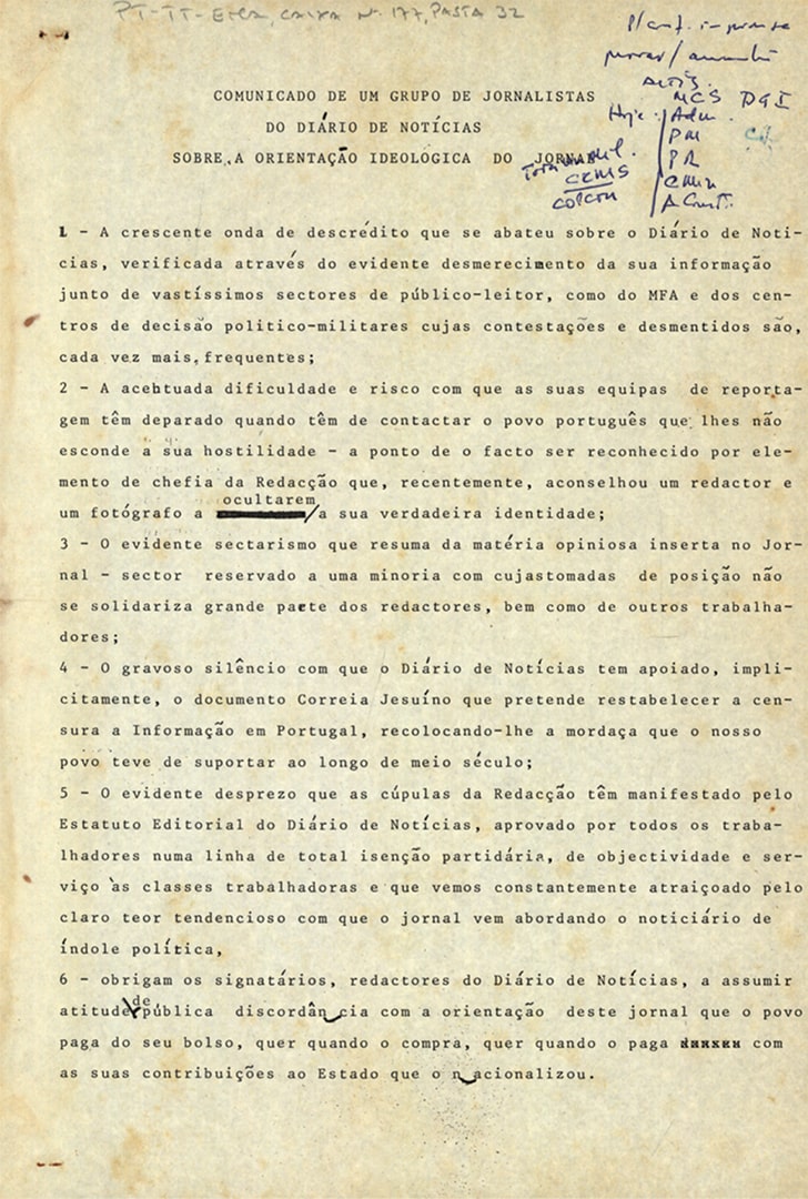 Comunicado de um grupo de jornalistas do 'Diário de Notícias' sobre a orientação ideológica do jornal. Fonte: ANTT