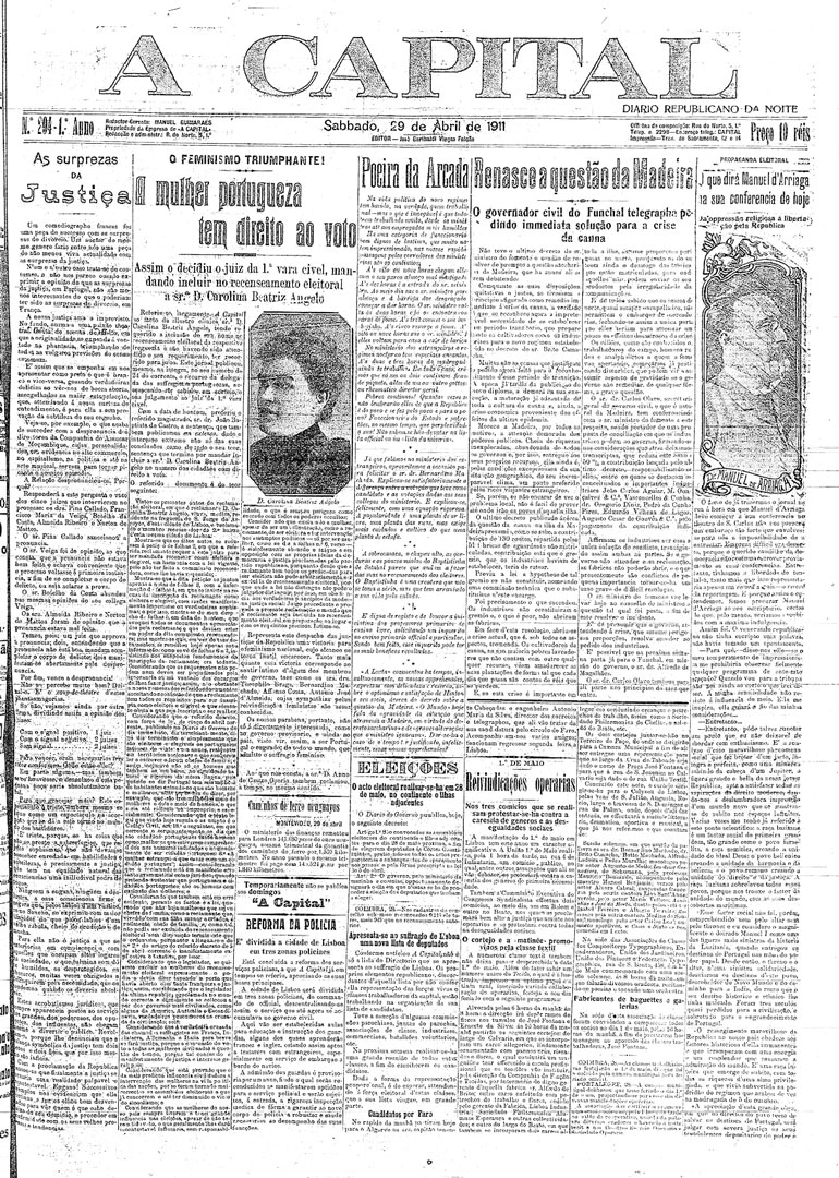 “O feminismo triunfante! A mulher portuguesa tem direito ao voto.” A Capital, 29 de abril de 1911. Fonte: Hemeroteca Municipal de Lisboa.