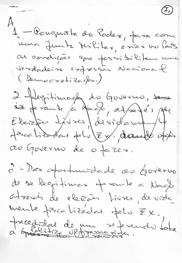 Agenda para a reunião de Óbidos do Movimento dos Capitães, aprovada em S. Pedro do Estoril. Notas de Vasco Lourenço, 1 de dezembro de 1973. Fonte: Arquivo Vasco Lourenço.