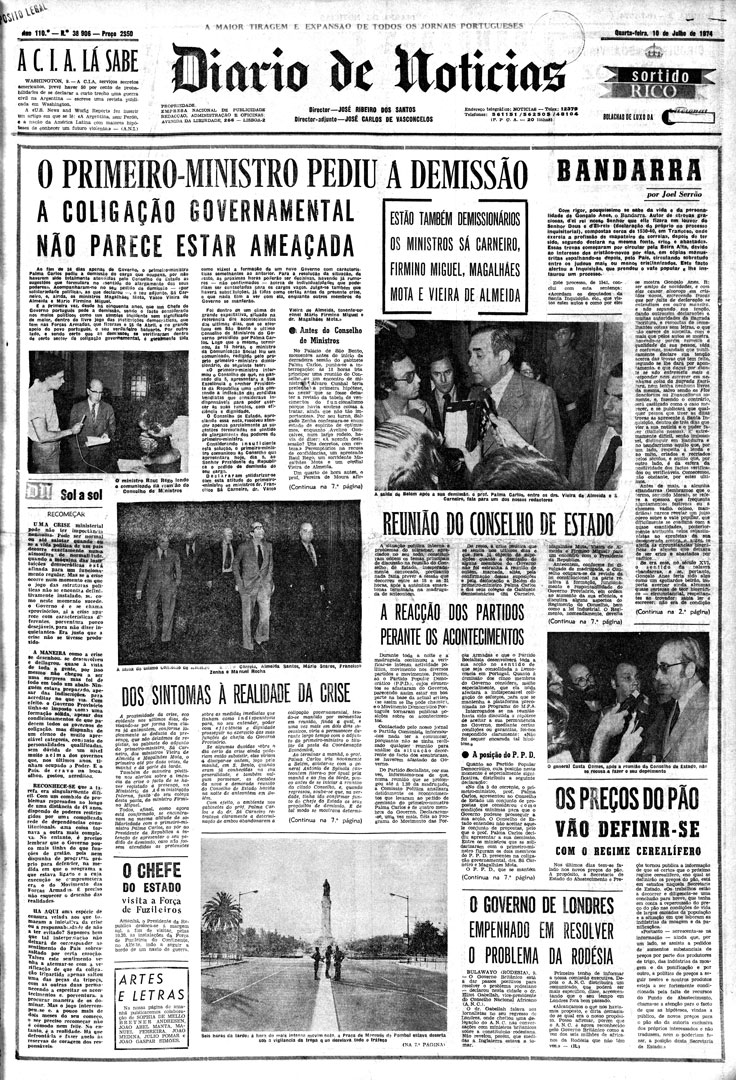 “O Primeiro-Ministro pediu a demissão”. Diário de Notícias, 10 de julho de 1974. Fonte: Hemeroteca Municipal de Lisboa.
