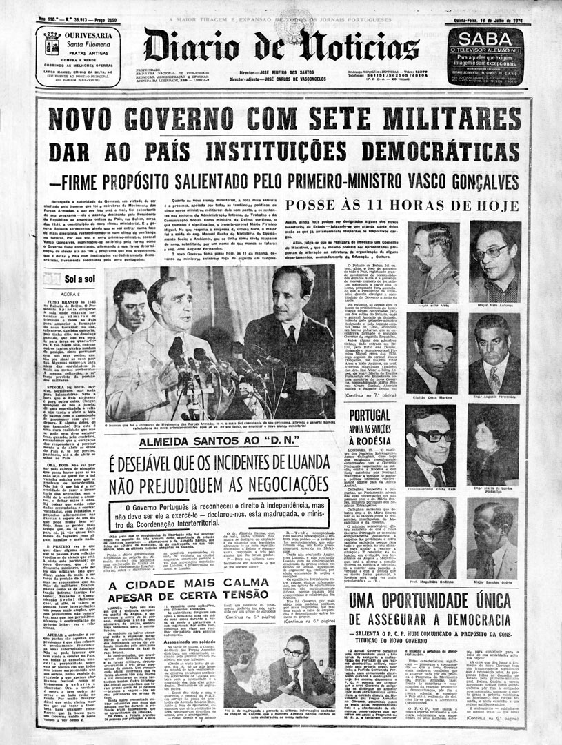“Novo governo com sete militares”. Diário de Notícias, 18 de julho de 1974. Fonte: Hemeroteca Municipal de Lisboa.