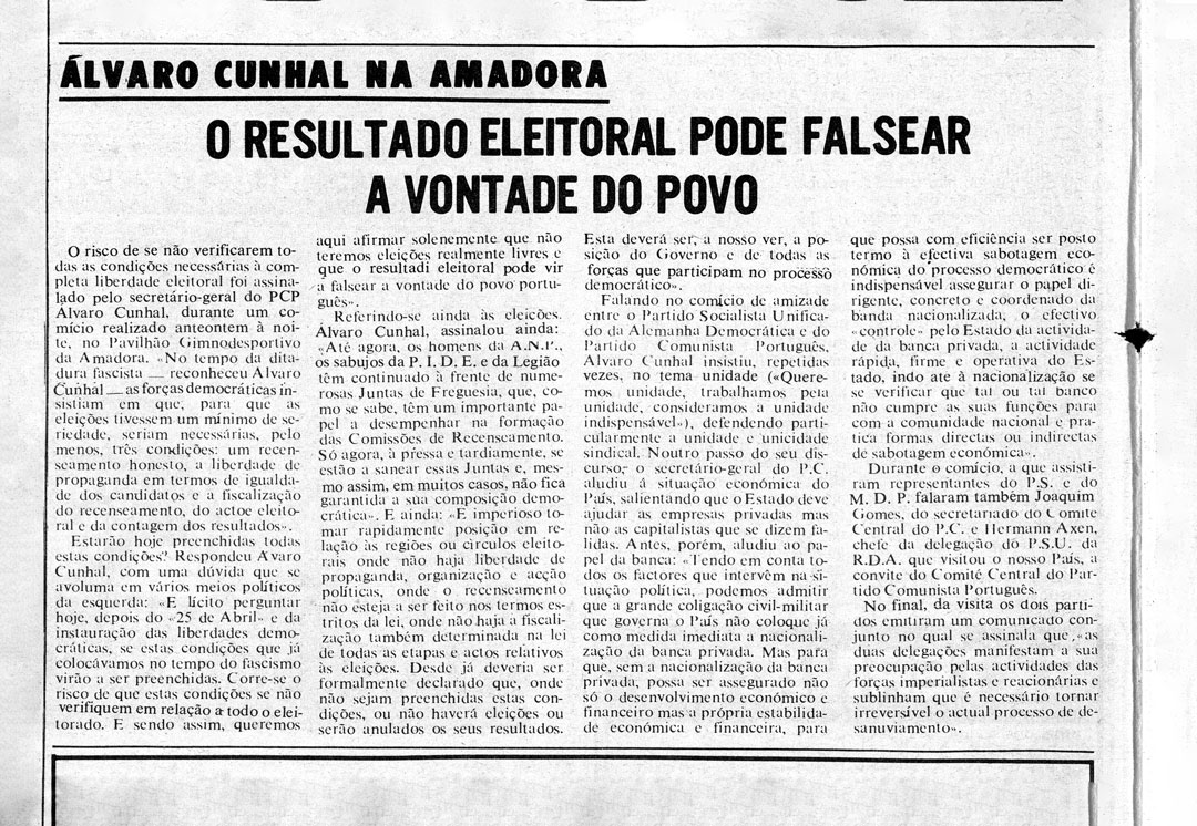 “Álvaro Cunhal na Amadora: ‘O resultado eleitoral pode falsear a vontade do povo’”. Diário de Lisboa, 23 de dezembro de 1974. Fonte: Fundação Mário Soares e Maria Barroso, pasta 06821.171.27027.