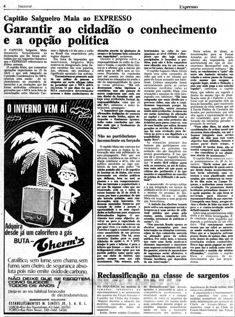 “Garantir ao cidadão o conhecimento e a opção política”. Entrevista a Salgueiro Maia. Expresso, 30 de novembro de 1974. Fonte: Hemeroteca Municipal de Lisboa.