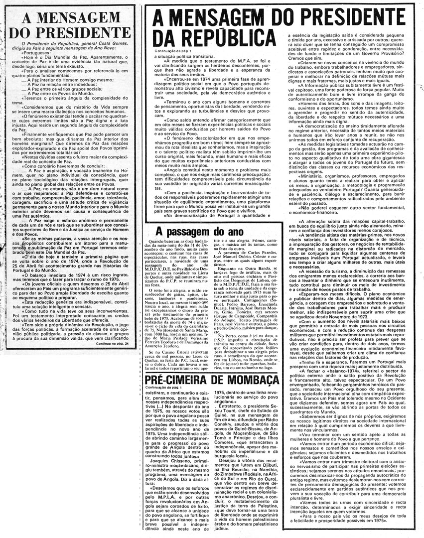 “A mensagem do Presidente”. Diário de Lisboa, 2 de janeiro de 1975. Fonte: Fundação Mário Soares e Maria Barroso, pasta 06821.171.27035.