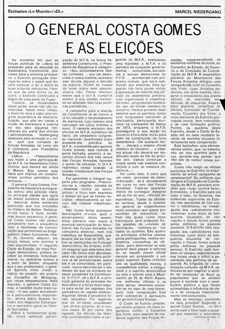 “O General Costa Gomes e as eleições”. Diário de Lisboa, 21 de dezembro de 1974. Fonte: Fundação Mário Soares e Maria Barroso, pasta 06821.171.27026.