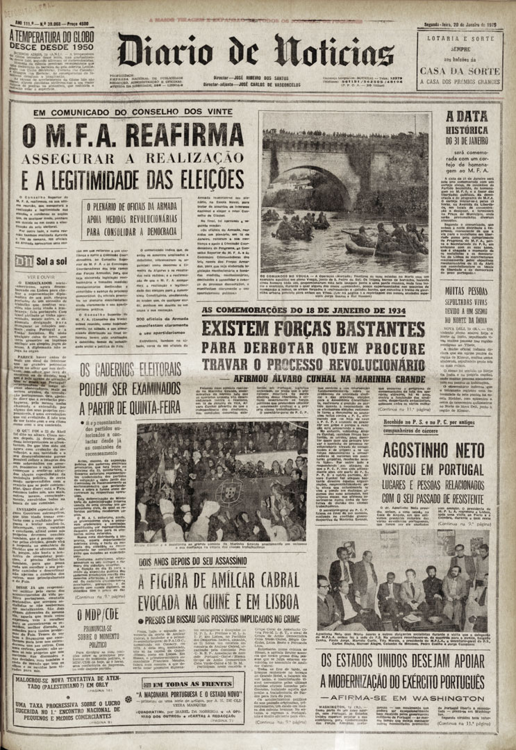 “O M.F.A. reafirma assegurar a realização e a legitimidade das eleições”. Diário de Notícias, 20 de janeiro de 1975. Fonte: Hemeroteca Municipal de Lisboa.