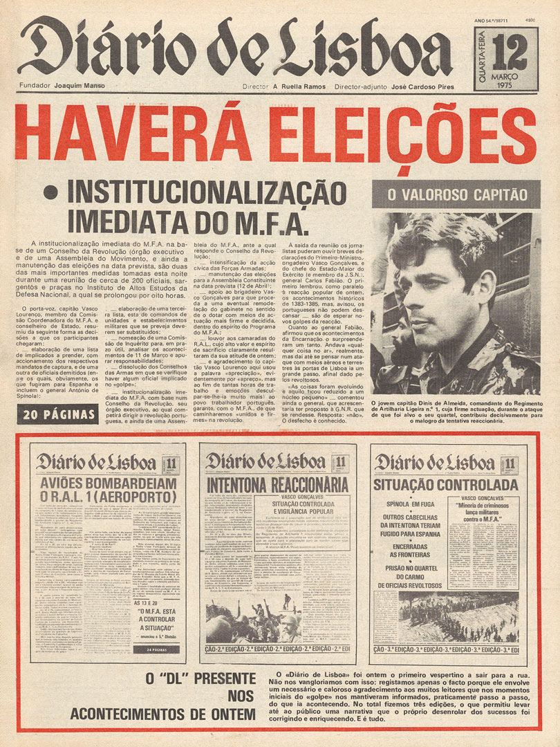 “Haverá Eleições”. Diário de Lisboa, 12 de março de 1975. Fonte: Fundação Mário Soares e Maria Barroso, pasta 06822.172.27132.