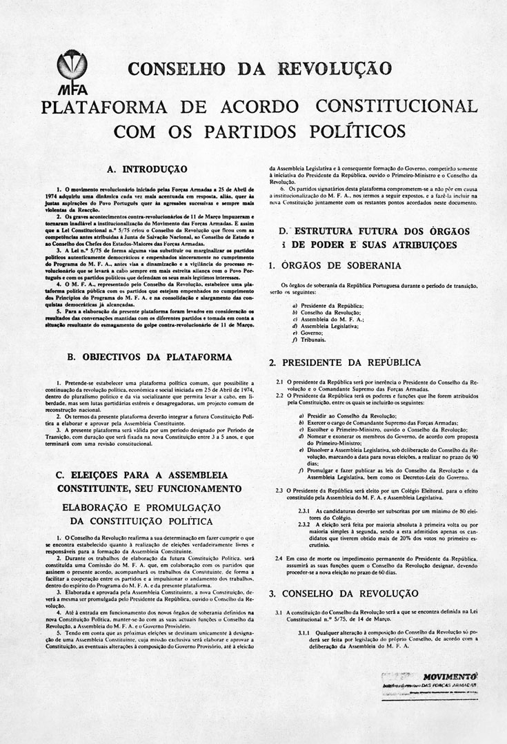 Conselho de Revolução: Plataforma de Acordo Constitucional com os Partidos Políticos. 11 de abril de 1975. Fonte: Arquivo Nacional Torre do Tombo, PT/TT/TM/017.009/00005.