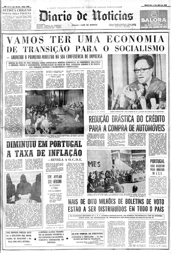 “Mais de oito milhões de boletins de votos estão a ser distribuídos em todo o país.” Diário de Notícias, 8 de abril de 1975. Fonte: Hemeroteca Municipal de Lisboa.