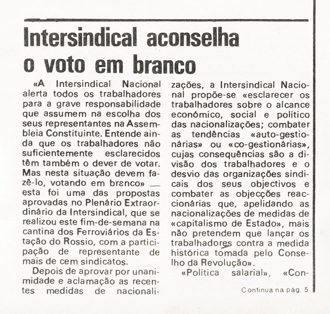 “Intersindical aconselha o voto em branco”. Diário de Lisboa, 21 de abril de 1975. Fonte: Fundação Mário Soares e Maria Barroso, pasta 06822.172.27183.