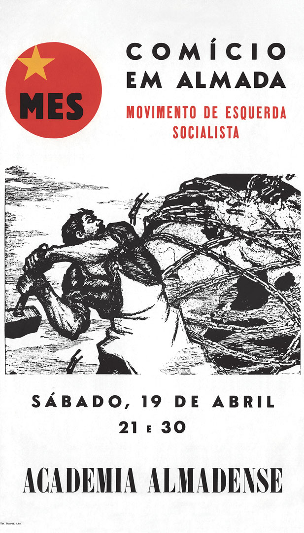 Comício MES, 19 de abril, Almada. Cartaz do Movimento de Esquerda Socialista. Fonte: Biblioteca Nacional de Portugal, ct-7844-a.