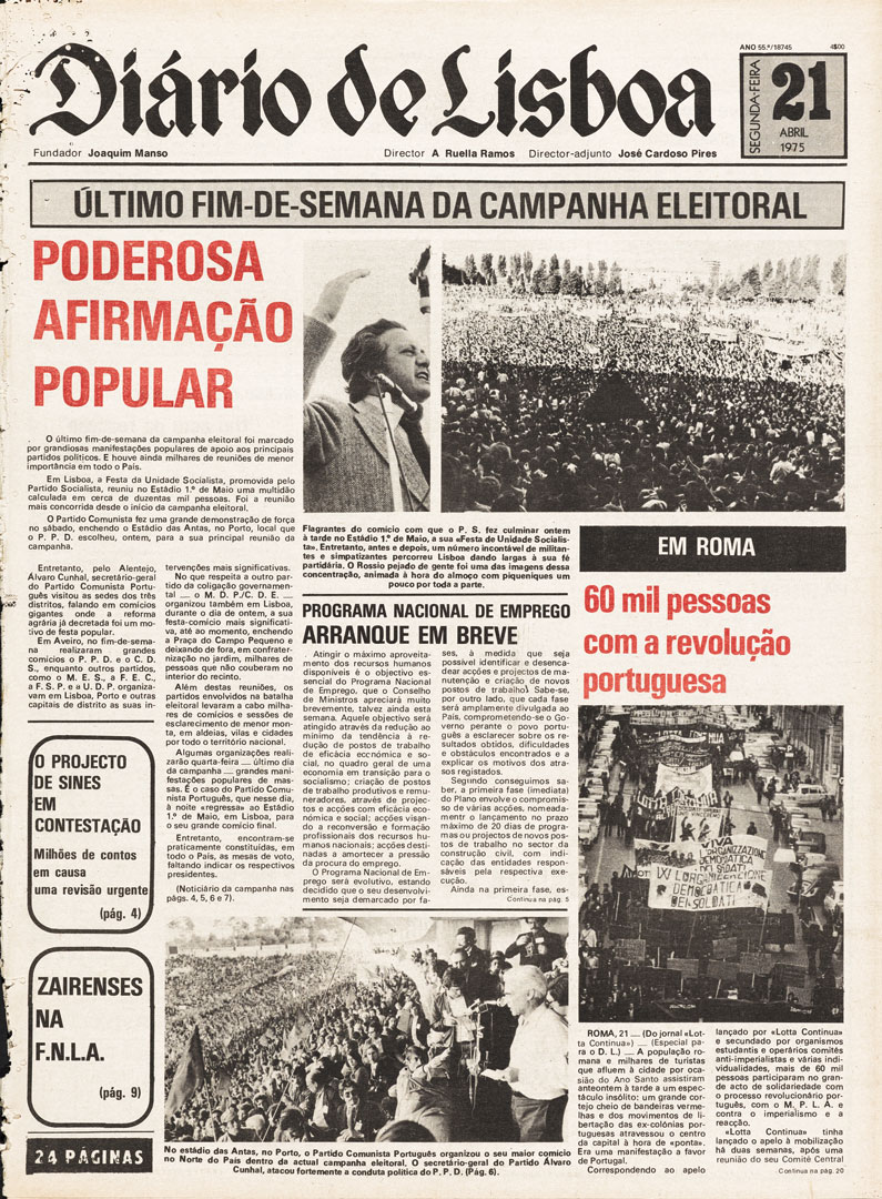 “Poderosa Afirmação Popular”. Diário de Lisboa, 21 de abril de 1975. Fonte: Fundação Mário Soares e Maria Barroso, pasta 06822.172.27183.