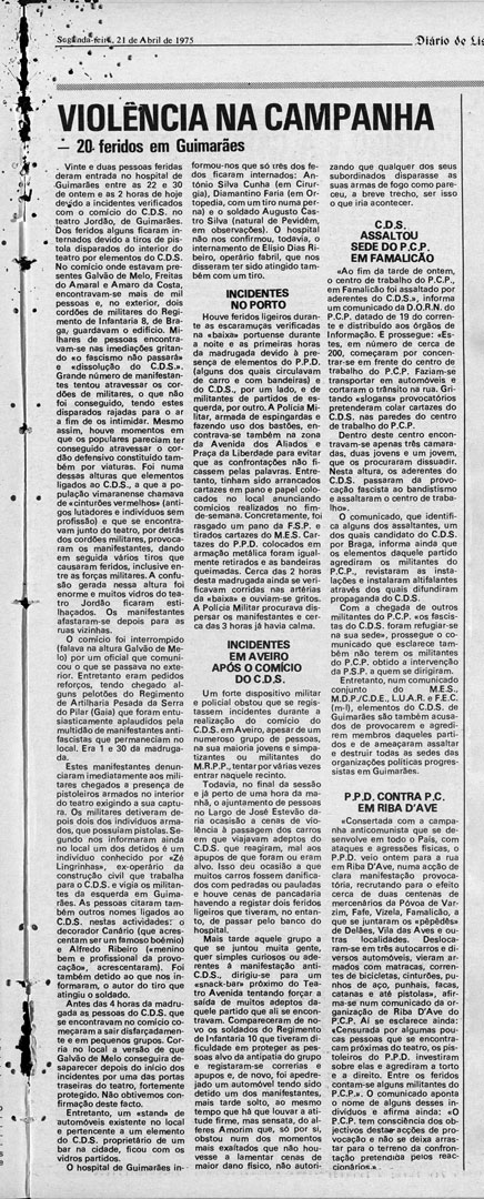 “Violência na Campanha”. Diário de Lisboa, 21 de abril de 1975. Fonte: Fundação Mário Soares e Maria Barroso, pasta 06822.172.27183.