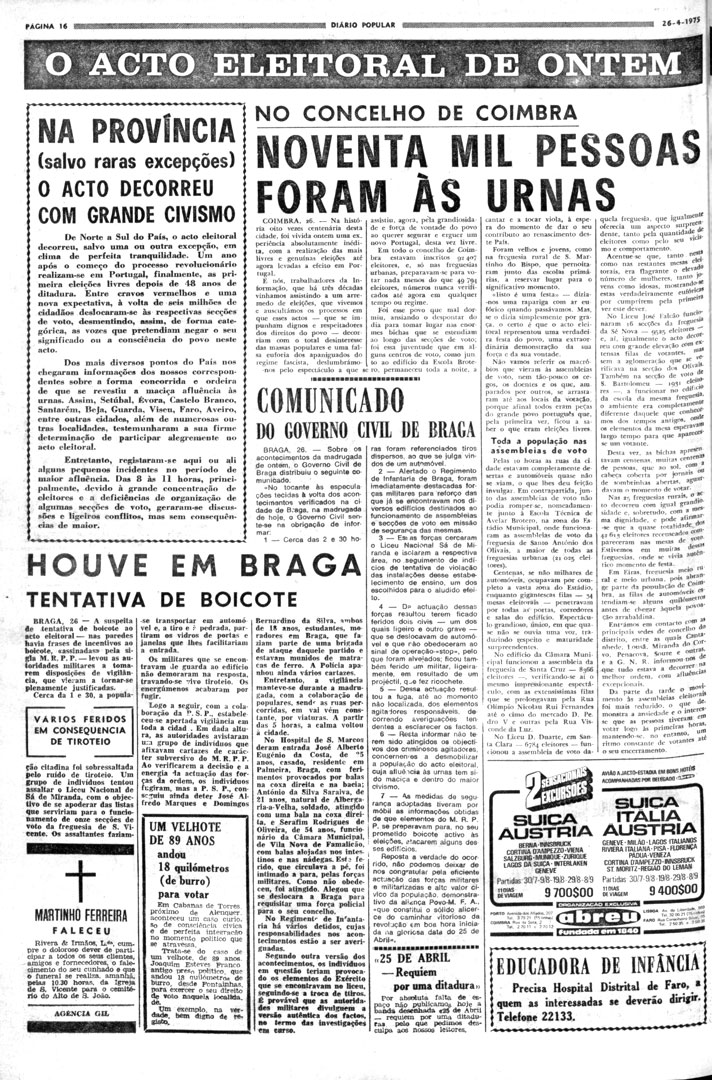 “O ato eleitoral de ontem”, “Um velhote de 89 anos andou 18 quilómetros (de burro) para votar”. Diário Popular, 26 de abril de 1975. Fonte: Hemeroteca Municipal de Lisboa.