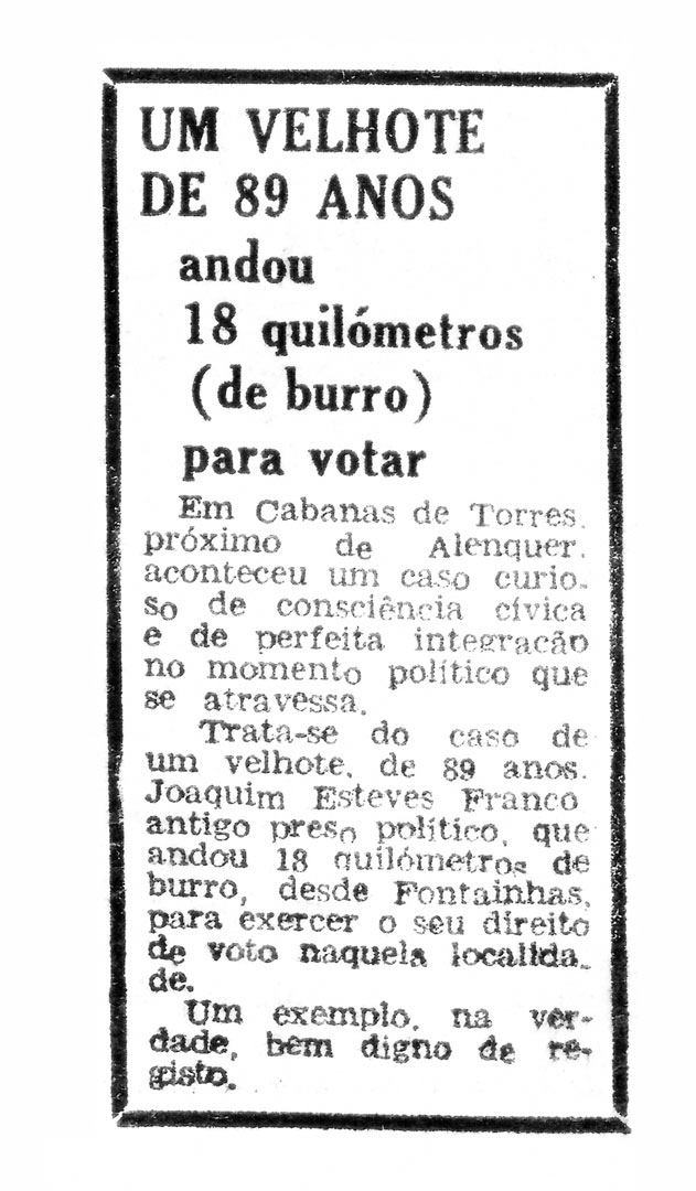 “O ato eleitoral de ontem”, “Um velhote de 89 anos andou 18 quilómetros (de burro) para votar”. Diário Popular, 26 de abril de 1975. Fonte: Hemeroteca Municipal de Lisboa.