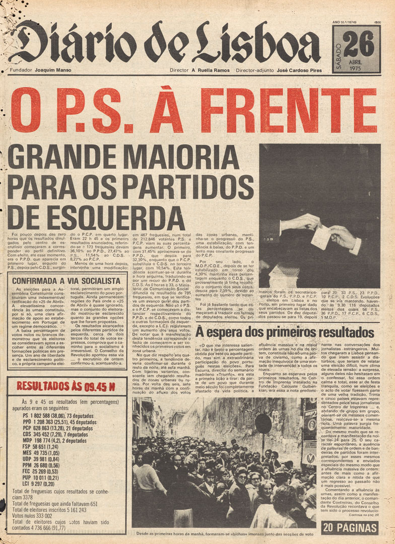 “O P.S. à frente. Grande maioria para os partidos de esquerda”. Diário de Lisboa, 26 de abril de 1975. Fonte: Fundação Mário Soares e Maria Barroso, pasta 06822.172.27189.