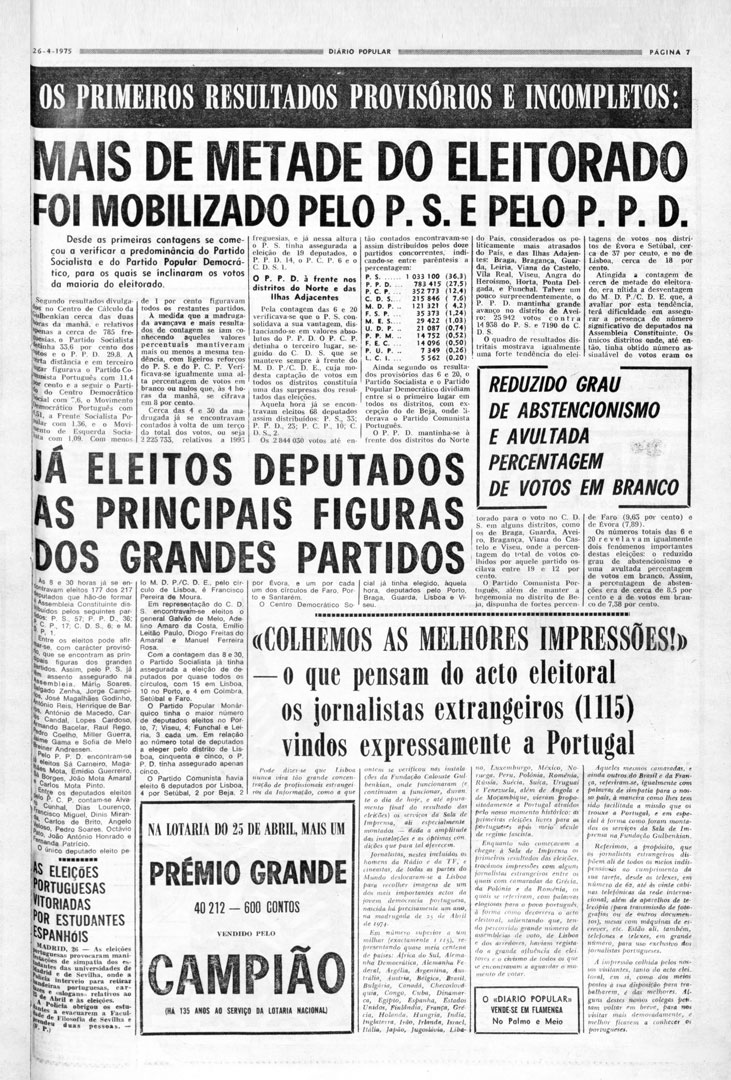 “Mais de metade do eleitorado foi mobilizado pelo P.S. e pelo P.P.D”. Diário Popular, 26 de abril de 1975. Fonte: Hemeroteca Municipal de Lisboa.