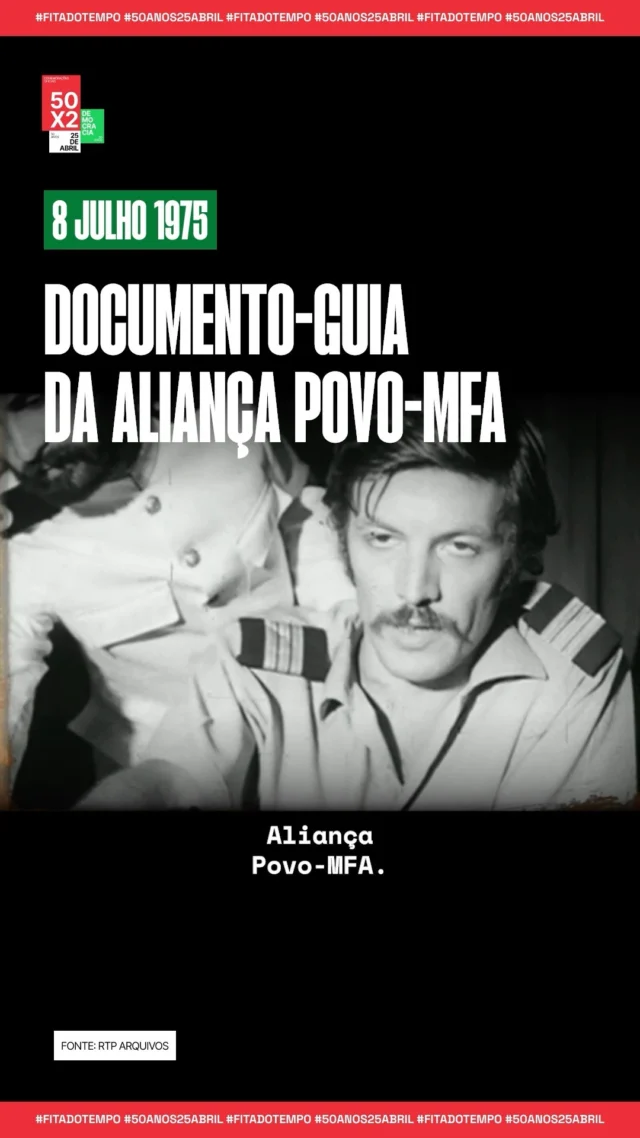 Há 50 anos, a 8 de julho de 1975, a Assembleia do Movimento das Forças Armadas (MFA) fazia aprovar o Documento-Guia da Aliança Povo-MFA. 

Ao contrário do Plano de Ação Política divulgado no mês anterior, este documento evidenciava o extremar das diferentes fações do MFA – e a escolha por uma via revolucionária de pendor socializante e popular, com o propósito central de «defender a revolução» e fomentar a participação revolucionária das massas. Opondo-se à linha seguida publicamente pelo MFA até então, o projeto abandonava a formulação de «socialismo pluripartidário» e propunha a organização popular de todos os níveis de representação, numa profunda interdependência entre o MFA e as organizações populares. O documento consagrava ainda o Conselho da Revolução como o órgão máximo de soberania nacional. 

A ideia da representação partidária era totalmente descartada e o papel dos partidos preterido, sendo as organizações de base – comissões de moradores e trabalhadores – escolhidas como unidades básicas de organização política. 

#25deAbril #50anos25abril #50x2 #FitaDoTempo